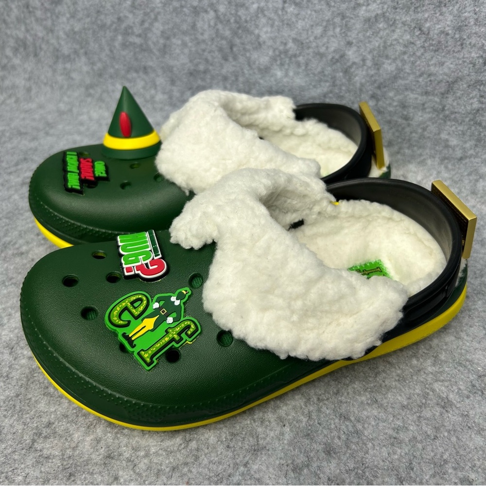 Buddy The Elf × Crocs Sherpa Lined Green Clogs Kids Size J1 Christmas Jibbitz